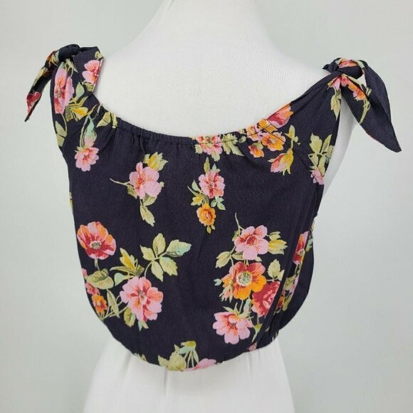 New Flynn Skye Pastel Blooms Crop Top Womens XS Shoulder Ties Floral Rayon - Picture 3 of 6